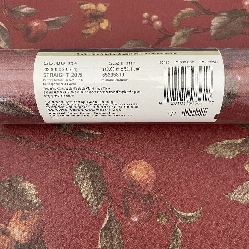 Vintage Red Cherries Wallpaper Imperial Prepasted Vinyl New Roll Old Stock